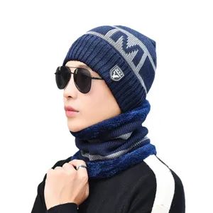 Herren Winter Strickmütze und Halstuch Set dicker Fleece gefüttert warme Kälteschutz Mütze