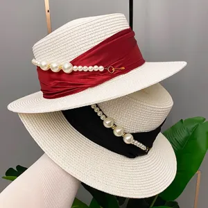 Summer French elegant pearl flat top straw hat, stylish sunshade sun protection brim hat.