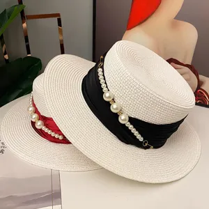 Summer French Elegant Pearl Flat Top Straw Hat Women Sun Protection Beach Fedora Cap Chic