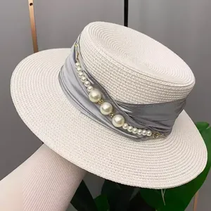 Summer French pearl flat top straw hat with ribbon elegant sunshade beach boater hat