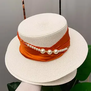 Summer French elegant pearl flat top straw hat, women fashion sun protection beach boater hat.