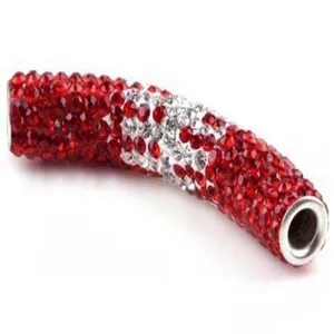Close-up of a 45mm curved Shamballa tube bead featuring red and white rhinestones.