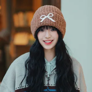 Women autumn winter knit beanie hat with cute white bow Korean style warm cozy winter hat detail