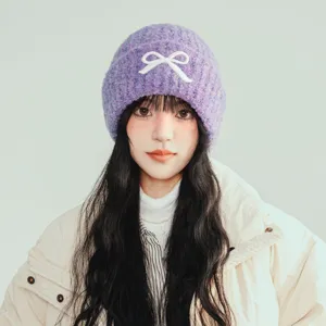 Purple knit beanie for women winter cute bow warm wool hat stylish thick slouchy cap