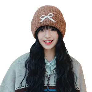 Women winter knit hat cute bow beanie korean style warm fleece cap main display fashion style