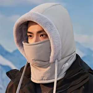 Detail view of the winter warm thermal hooded face mask scarf combo in soft gray fabric.
