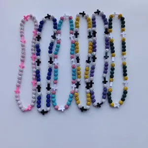 Chaîne Perlée Shamballa Sportive Collier Pavé de Strass Perles Disque Argile Colliers Baseball pour Fête Hommes Femmes Bijoux