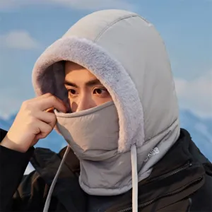 Winter warm bomber hat with face mask integrated plush lined gray windproof thermal cap.