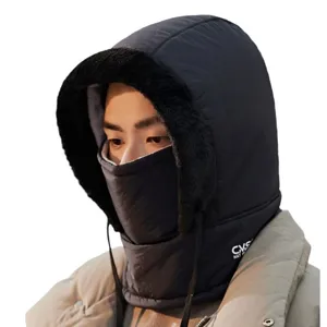 Winter warm bomber hat with integrated face mask and thick neck warmer for men black