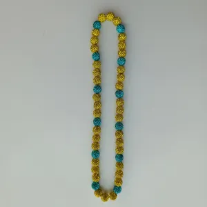 Sparkling crystal rhinestone clay bead necklace yellow and blue handmade jewelry accessory.