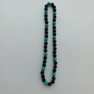 Black and turquoise rhinestone beaded necklace Shamballa style polymer clay shiny jewelry.