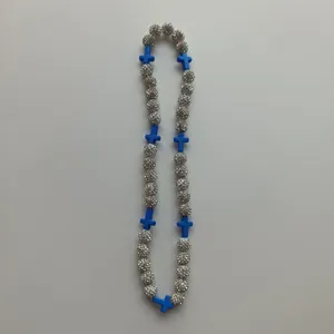Shamballa style rhinestone ball and blue cross beaded elastic necklace fashion jewelry