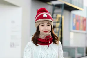 Women winter knitted hat fleece lined thick warm beanie cap with pom pom and cute windproof valve