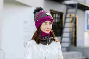 Winter knitted beanie hat with pom-pom and neck warmer set, windproof and thick warm style.