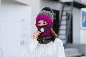 Knitted beanie hat women winter fleece lined thick warm cycling windproof earflap set