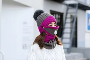 Detail view of winter knitted thermal hat set with breathing valve, fleece-lined, windproof.