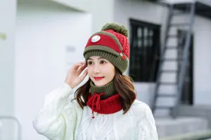 Winter warm knitted hat and scarf set for women, thick plush lined windproof outdoor cap.