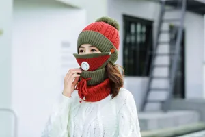 Knit beanie hat set with breathing valve for winter women warm windproof fleece lined cap
