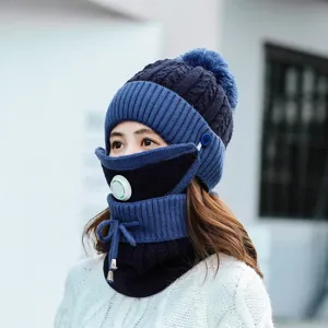 Women winter knit hat thick fleece lined windproof cycling warm cap with breathing valve.
