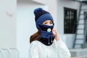 Women winter knitted beanie hat with breathing valve windproof thick fleece warm cap detail