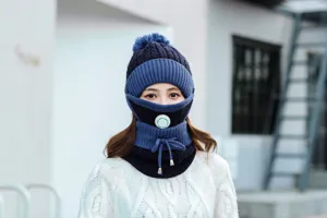 Detailed close-up view of the warm knitted winter hat featuring a built-in breathing valve.