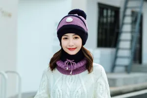Women winter warm knit hat with breathing valve and scarf set thick fleece lined windproof