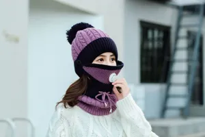Women winter warm knit hat face mask with breathing valve and scarf set detail shot.