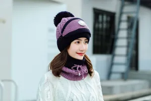 Women winter knit beanie hat warm thick fleece lined pom pom breathing valve windproof set