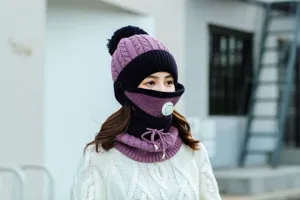 Knit beanie face mask neck warmer set detail, winter warm cycling windproof thickened hat.