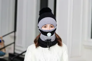 Women winter knitted hat set with breathing valve windproof thick fleece lined earmuff 3pcs