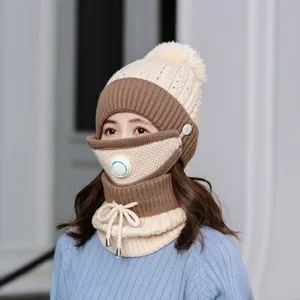 Knitted winter hat set with breathing valve and face mask, thick fleece warm windproof gear.