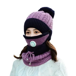 Winter women knitted hat set with face mask and breathing valve, warm windproof cycling gear.