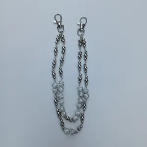 Silver double-layer pants chain featuring 12mm rhinestone mud balls and lobster clasps