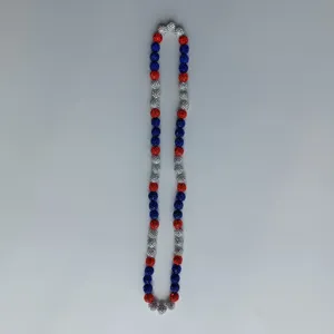 Red white and blue crystal rhinestone Shamballa bead necklace detail closeup display.