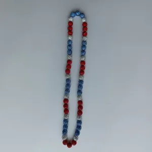 Red white and blue rhinestone ball beaded necklace detailed view showing colorful sparkling clay beads.
