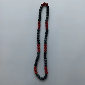Red and black rhinestone Shamballa bead long necklace, handmade clay sparkle jewelry.
