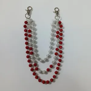 Three-layer 12mm rhinestone ball chain for jeans or bags in red and silver finish