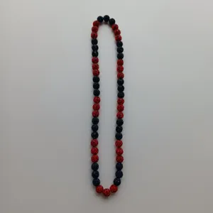 Red and blue rhinestone shamballa bead detail shot, elastic stretch bracelet or necklace strand.