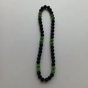Black and green rhinestone clay bead necklace Shamballa style fashion jewelry accessory