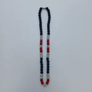 Colorful rhinestone Shamballa bead necklace with blue silver red crystals and magnetic clasp.