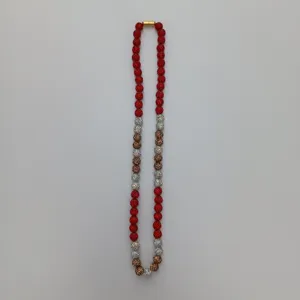 Detailed view of colorful clay rhinestone pave bead shamballa necklace with secure clasp.