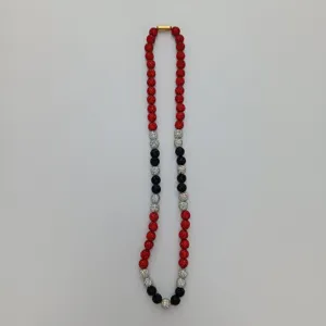 Colorful clay rhinestone shamballa bead necklace with red silver and black crystal elements