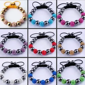 Detailed grid view of 10mm Shamballa braided bracelets in nine vibrant colors