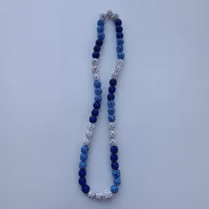 Detail view of the blue and white gradient rhinestone shamballa bead necklace close up photo.