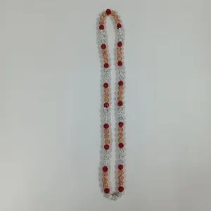 Colorful Shamballa clay rhinestone beaded stretch necklace, red silver and rose gold.