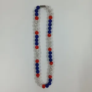 Red white and blue rhinestone Shamballa bead necklace with magnetic clasp for daily wear