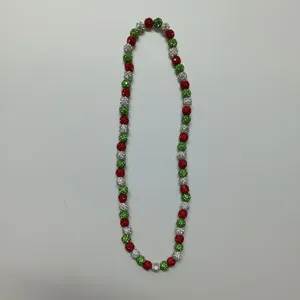 Detailed view of Christmas themed rhinestone clay bead necklace with sparkling Shamballa.