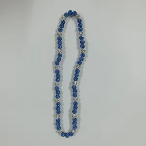Blue silver Shamballa rhinestone clay crystal bead long necklace fashion statement jewelry