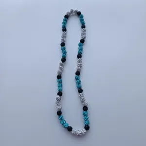 Multi-color crystal disco ball bead necklace detailed view featuring blue silver black shimmer.