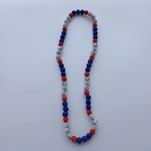Red blue silver crystal shamballa bead necklace detailed view sparkling fashion jewelry.